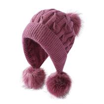 Chapéu de malha feminino outono e inverno cor sólida mais proteção de orelha de veludo Sanmao bola chapéu de lã