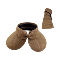 Chapéu De Palha Feminino De Verão Com Aba Larga Dobrável E Laço, Proteção UV, Viseira De Praia