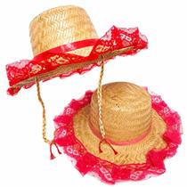 Chapéu de Palha Feminino Trança e Renda para Festa Junina/Julina Arraiá Vermelho Chapéu de Palha Feminino Trança e Renda para Festa Junina/Julina Arraiá Vermelho