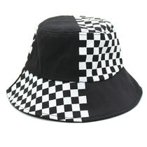 Chapéu de pescador preto e branco de algodão xadrez para adultos