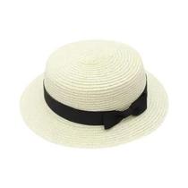 Chapéu de Praia Feminino com Aba Plana e Laço - Boné de Palha Casual para Verão