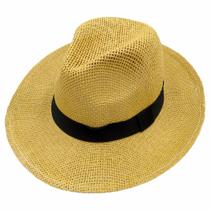 Chapéu Estilo Panamá Palha Shantung Faixa Preta Chapelaria Vintage