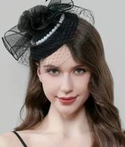 Chapéu Fascinator Preto c Pérolas p Casamento, Madrinhas com Véu