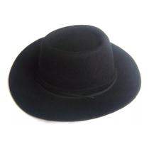 Chapéu Fedora Feltro Preto Aba Grande Faixa Lisa