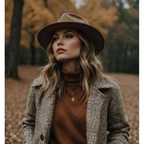 Chapéu Fedora Marrom de Feltro Brown Aba Larga Unissex Toque Aveludado Faixa Removível Linha Luxo - NoBrand