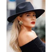 Chapéu Fedora Preto de Feltro Aba Grande com Faixa Fixa Unissex