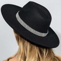 Chapéu Fedora Preto de Feltro com Faixa Brilhosa de Strass Feminino Aba Média