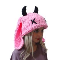 Chapéu fofo rosa, chifres de diabo, orelhas de coelho, gorro de malha grossa