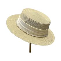 Chapéu Panamá De Palha Elegante Com Corrente De Pérolas Para Mulheres, Aba Larga, Anti-UV, Boné De Chapéu Panamá De Palha Elegante Com Corrente De Pérolas Para Mulheres, Aba Larga, Anti-UV, Boné De