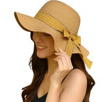 Chapéu Praia Feminino Guarda Sol Verão Marrom Laço Amarelo -