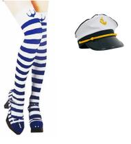 Chapéu Quepe Meia Marinheiro Adulto Festa Kep Branco e Azul Chapéu Quepe Meia Marinheiro Adulto Festa Kep Branco e Azul