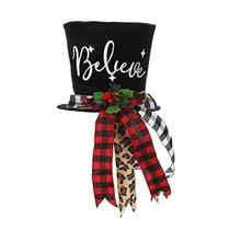 Chapéu topper árvore de Natal, chapéu de topper soldado de quebra-nozes de Natal para decoração de árvore de Natal, Black Velvet Bowler Derby Hat com ornamento de fita xadrez longa para decoração de natal