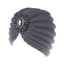 Chapéus 2 peças senhoras inverno quente gema turbante bonés de malha macia gorro chapéus de crochê cinza
