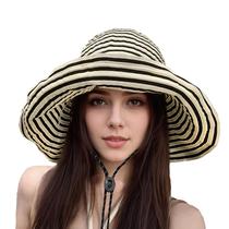 Chapéus de sol para mulheres de aba larga, embaláveis, de verão, praia, bonés, proteção UV, viagens ao ar livre, preto, bege, listras