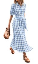 CHARTOU Vestido feminino de verão xadrez com mangas curtas bufantes, abotoamento frontal, vestido camisa longo com cinto (XXG, azul)