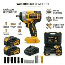 Chave de Impacto 48V Brushless + Furadeira Parafusadeira Kit Profissional com 2 Baterias 4.0Ah Soquetes Mandril e Maleta