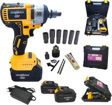 Chave de Impacto 48V Brushless + Furadeira Parafusadeira Kit Profissional com 2 Baterias 4.0Ah Soquetes Mandril e Maleta