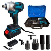 Chave de Impacto 48V Recarregável furadeira com Maleta 2 Baterias Mandril Soquetes e Carregador Bivolt