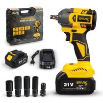 Chave Impacto Spark BR 21V Brushless Portátil Torque 350Nm 2 Velocidades LED Indicador Carga Bateria 3000mAh Maleta Carregador Rápido 4 Soquetes