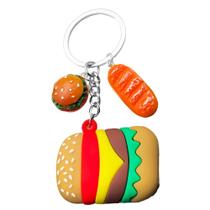 Chaveiro 3D com pingente de hambúrguer e cachorro-quente para amantes da comida Chaveiro 3D com pingente de hambúrguer e cachorro-quente para amantes da comida