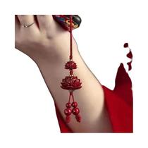 Chaveiro De Carro Estilo Chinês Com Lótus De Cinnabar Natural, Pingente De Bolsa E Corrente De