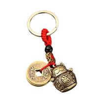 Chaveiro De Gato Da Sorte Em Latão Feito À Mão Com Moedas De Feng Shui, Anéis De Chave Sólidos,
