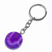 Chaveiro Disco Agata Lilas 24mm Pedra Natural Prateado