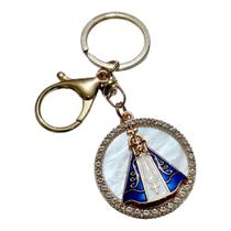 Chaveiro dourado redondo aparecida mosquetão fundo perolado