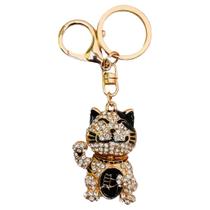 Chaveiro Maneki Gato da Sorte Metal Com Strass Preto