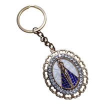 Chaveiro perolado dourado stras azul nossa senhora aparecida