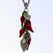 Chaveiro Pimentas Murano e Penduricalhos Grandes Prateado