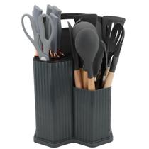 Chega De Colher Derretida! Kit 19 Peças Silicone Premium + Facas Profissionais De Chef Cabo Madeira COR:CINZA