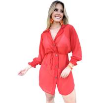 Chemise manga longa com botões e cinto removível em chiffon