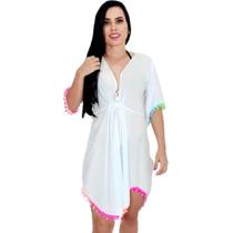 Chemise saída de praia camisão babado pompom cinto ajustável