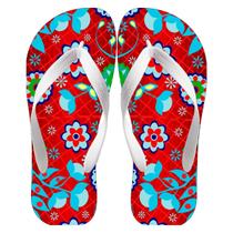 Chinela Feminina Estampada Rosas em Tons Azuis com Vermelho Estiloso Macio Moda Verão