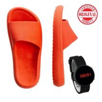 Chinelo Anatômico Antiderrapante Leve Tendência Original Laranja + Relógio Digital Pulseira Silicone