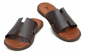 Chinelo Confort Masculino Hz Slide Em Couro Ortopedico