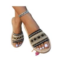 Chinelo De Praia Boêmio Étnico Com Franjas Para Mulheres Tamanho Grande, Sandálias Planas De Chinelo De Praia Boêmio Étnico Com Franjas Para Mulheres Tamanho Grande, Sandálias Planas De