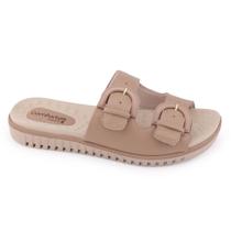 Chinelo fem Comfortflex 23-45404 Couro Slide 2 tiras Fivela