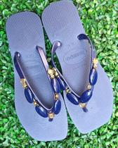 Chinelo Feminino Azul Luxuoso com Pedras Brilhantes Antiderrapante