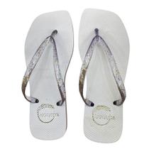 Chinelo Feminino Básico Branco Conforto Bico QuadradoTira Brilho