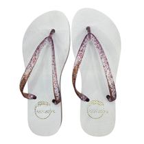 Chinelo Feminino Básico Branco Conforto Bico Redondo Tira Brilho