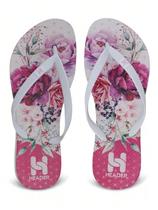 Chinelo Feminino Com Estampa Floral Rosa Tiras Finas Confortável