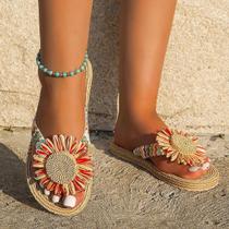 Chinelo Feminino De Linho Multicolorido Com Estampa De Girassol, Antiderrapante, Sola Macia E Plana Chinelo Feminino De Linho Multicolorido Com Estampa De Girassol, Antiderrapante, Sola Macia E Plana