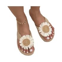 Chinelo Feminino De Verão Em Linho Com Decoração Floral, Salto Baixo, Sandália De Praia, Moda