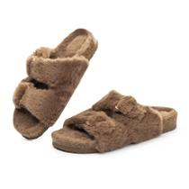 Chinelo feminino FITORY, bico aberto, pele de coelho sintética, marrom, tamanho 10