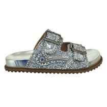 Chinelo Feminino Papete Trilha Da Lua Tiras Brilho Couro