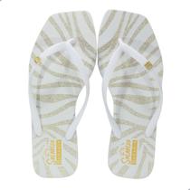 Chinelo Feminino Ramarim Bico Quadrado Branco/Dourado