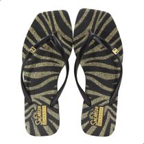 Chinelo Feminino Ramarim Bico Quadrado Preto/Dourado