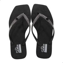 Chinelo Feminino Ramarim Bico Quadrado Preto e Glitter Prata